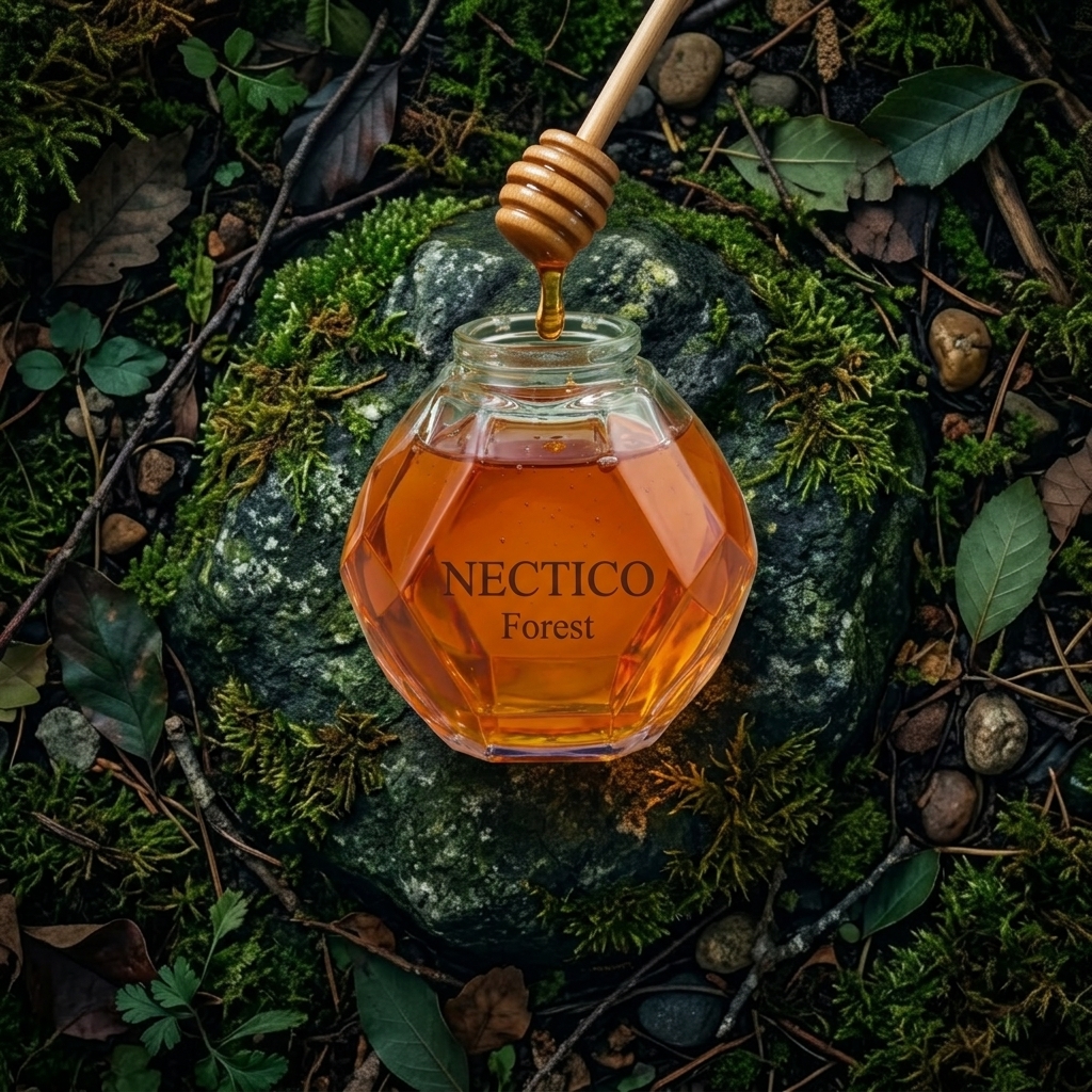 NECTICO Forest honey jar top view on moss with wooden dipper