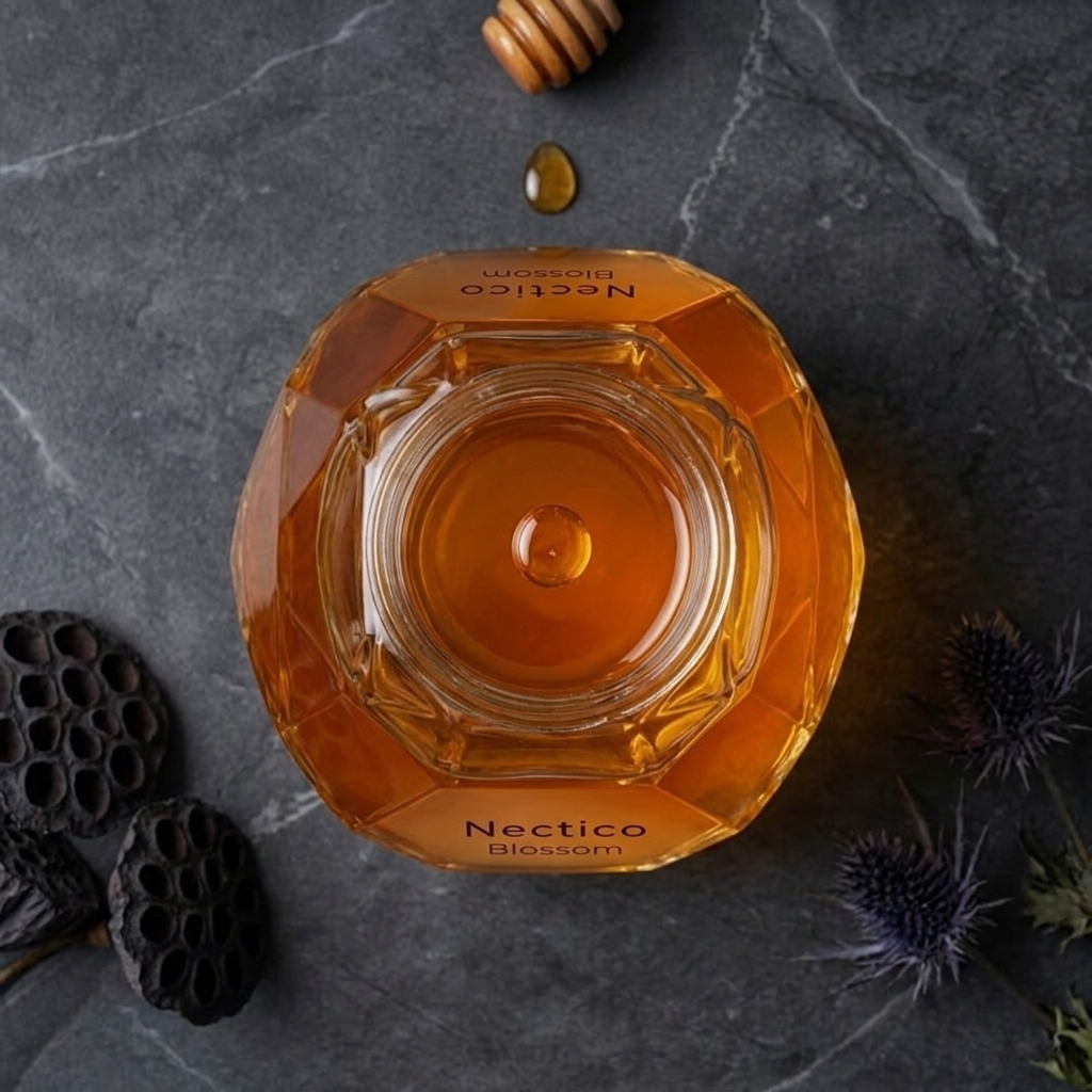 NECTICO Blossom honey jar top view on dark marble