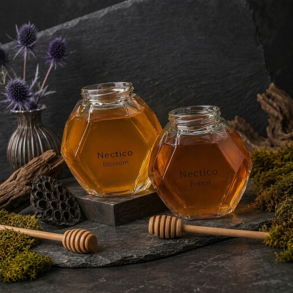 NECTICO Duo honey set - hexagonal Blossom and Forest jars on slate board with lotus pod, moss and dipper