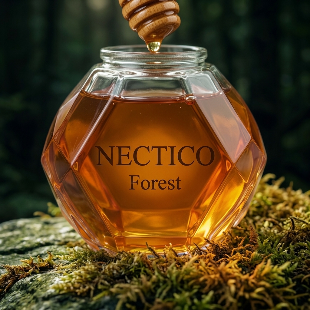 NECTICO Forest honey jar close-up with dipper and honey drop