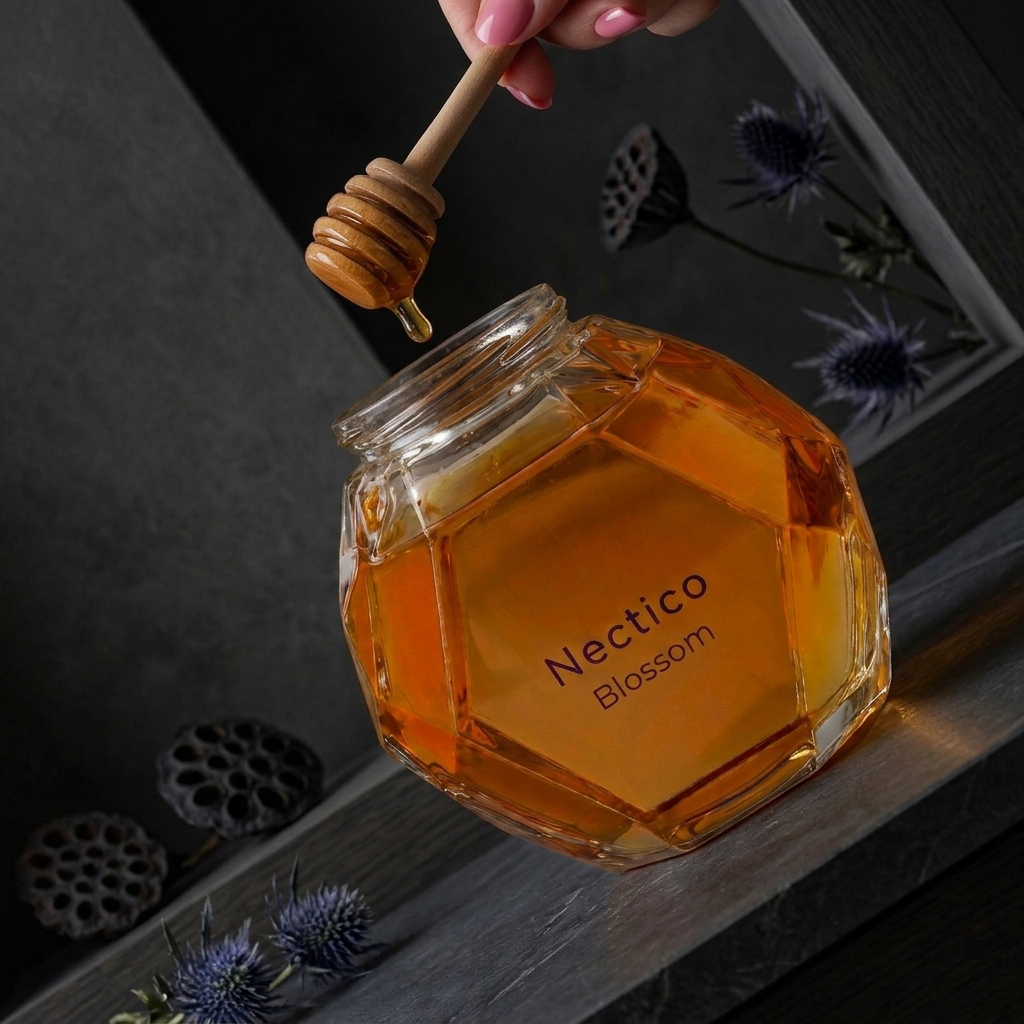 NECTICO Blossom honey jar with honey dripping from dipper
