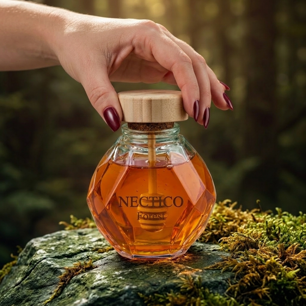 NECTICO Forest honey jar held over mossy forest stone
