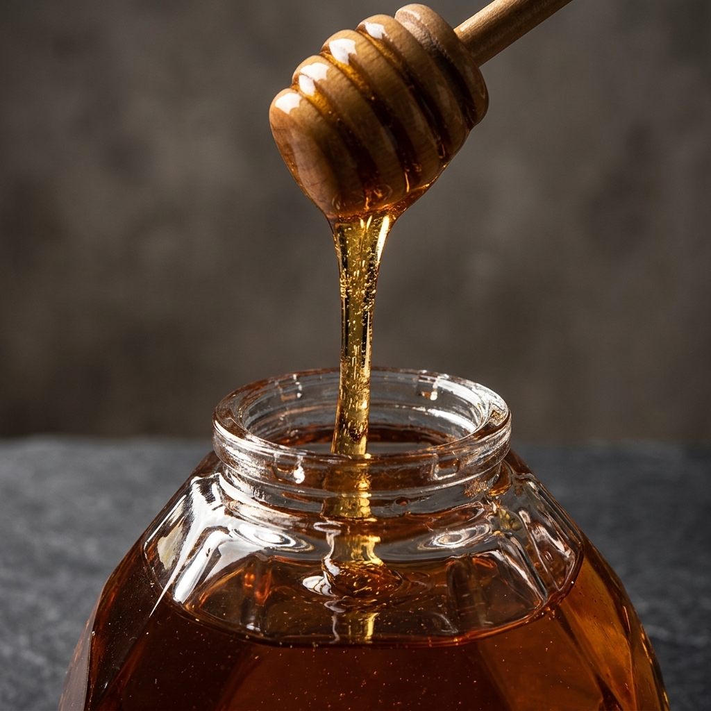 Close-up of raw Slovenian honey on a wooden dipper
