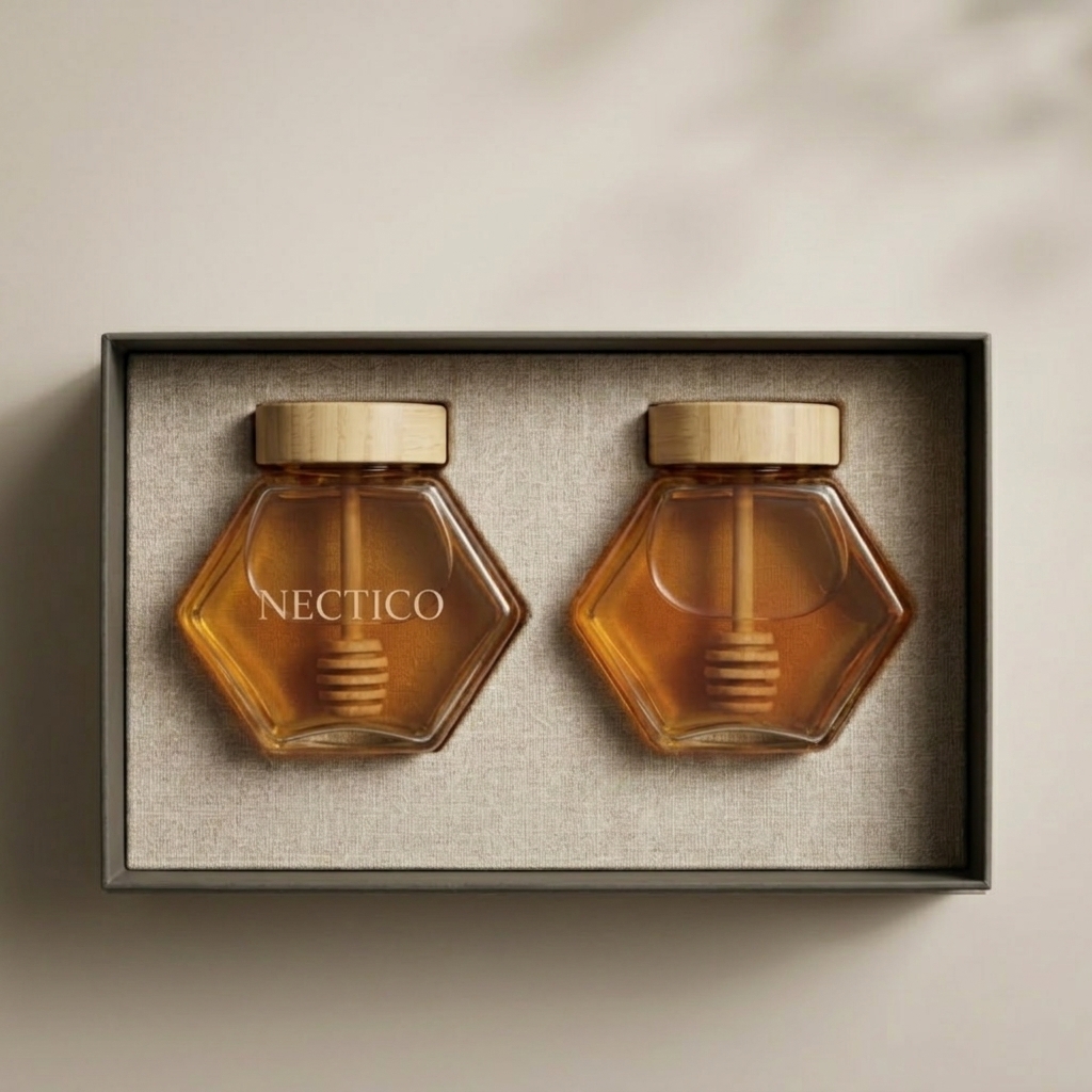 Top view of NECTICO gift box with two hexagonal honey jars