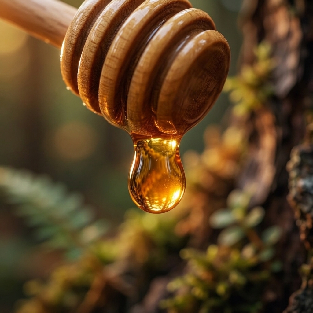 Wooden honey dipper with dripping Forest honey over bark and moss