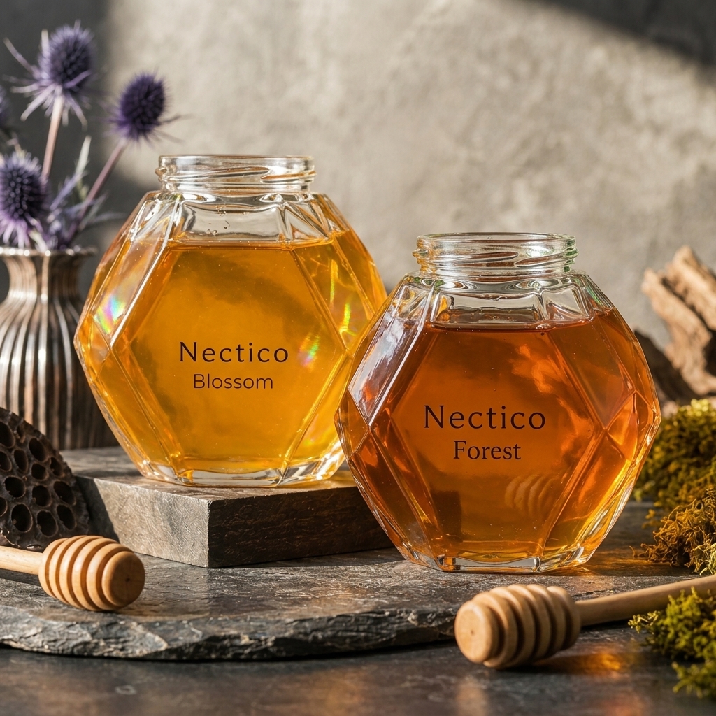 NECTICO Duo raw honey pair - Blossom and Forest jars in soft daylight with dried thistles and wooden honey dippers
