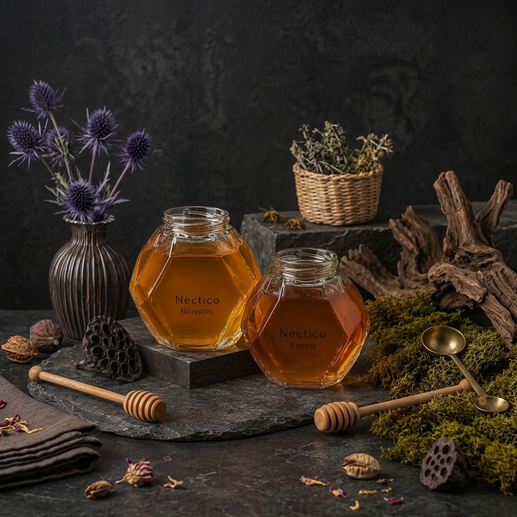 NECTICO Duo honey gift set - Blossom and Forest raw Slovenian honey jars styled on dark slate with thistles, moss and wooden dippers