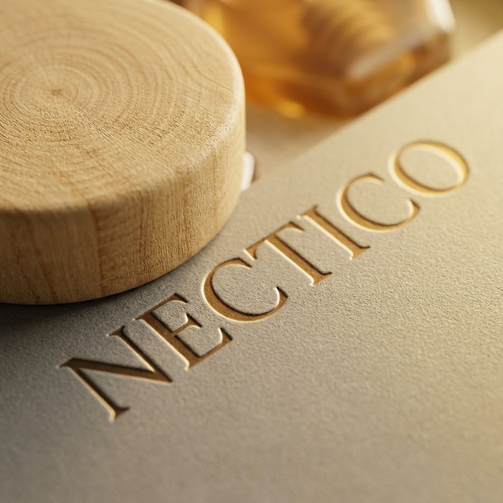 NECTICO debossed gold wordmark on gift box close-up